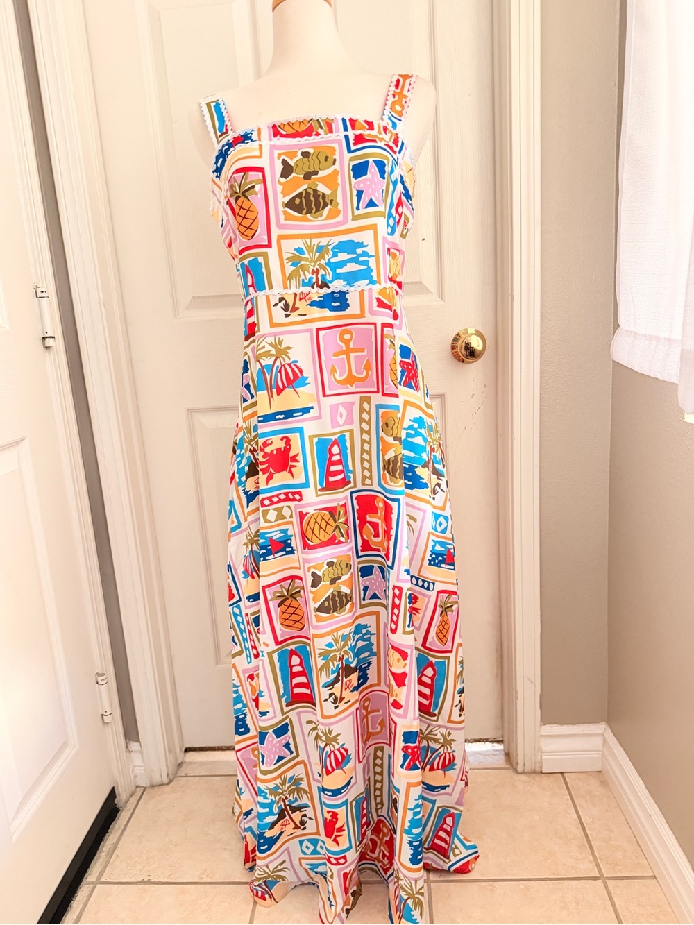 Vintage Tropical Nautical Print Maxi Dress Size XL Novelty Patchwork